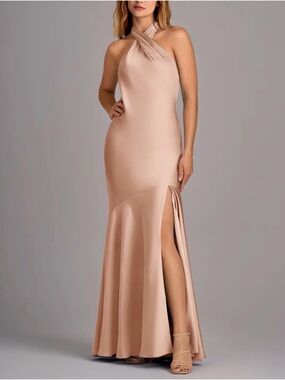 NWT Azazie Rose Gold Mermaid Pleated Stretch Satin Dress - Size A00
